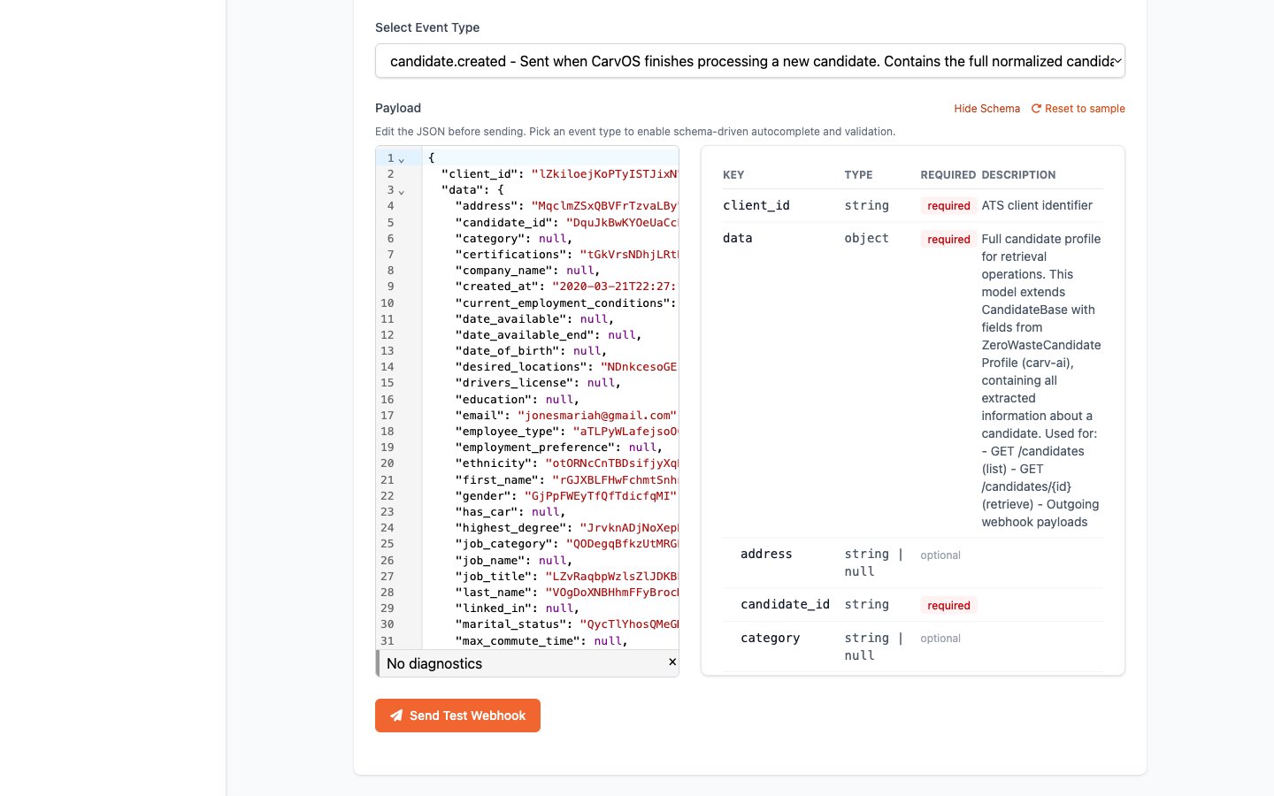 Webhook Testing page with the event schema reference docked as a side panel next to the editor, listing key, type, required, and description columns