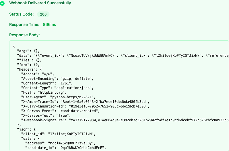 Test result panel showing 200 status code, response time, and response body from the endpoint